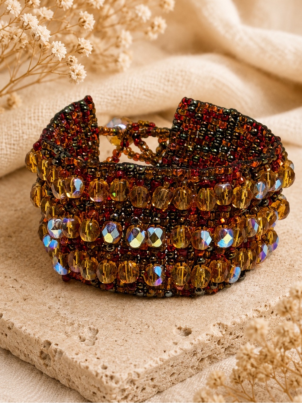 Handmade Amber Crystal Beaded Cuff Bracelet